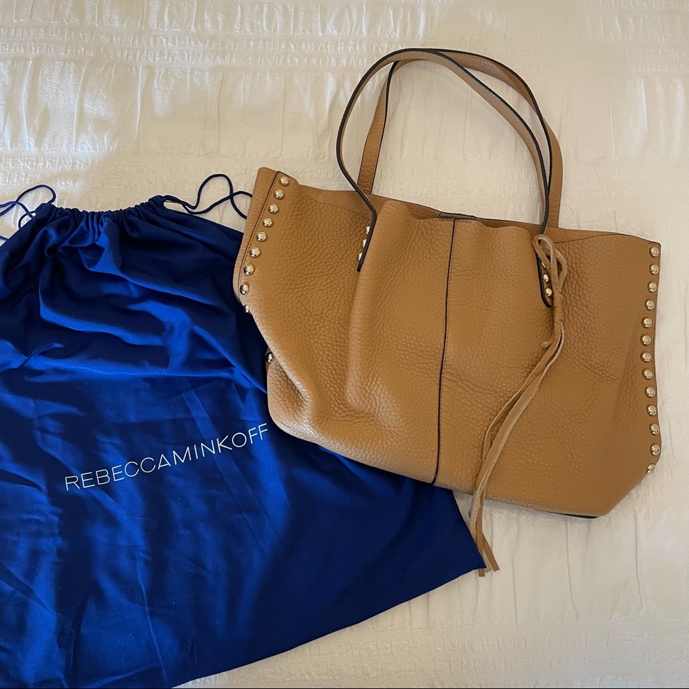 Rebecca Minkoff Medium Leather Camel Gold Stud Tote w/ Tassel & Leather Wristlet